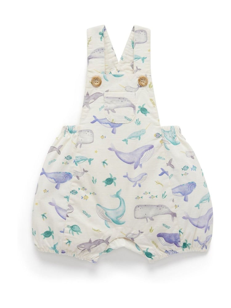 Purebaby Blue Whale Print Short Leg 100% Cotton Dungarees - Image 1 of 6