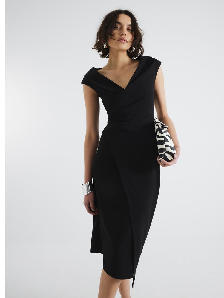 River Island Black Asymetric Wrap Midi Dress - Image 1 of 4 River Island Black Asymetric Wrap Midi Dress - Image 1 of 4