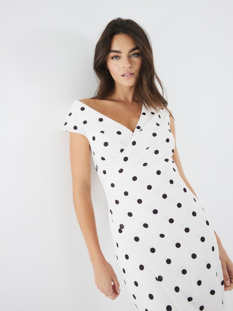 River Island Cream Polka Dot Asymmetric Wrap Midi Dress - Image 1 of 4