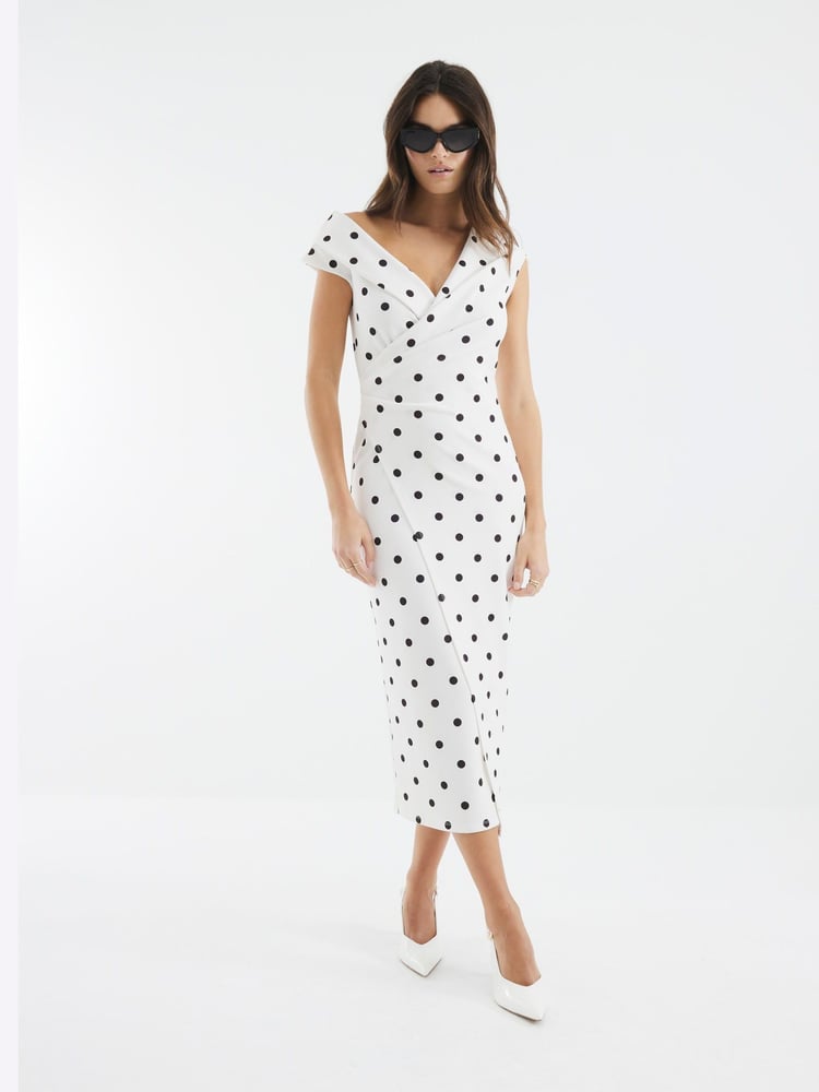 River Island Cream Polka Dot Asymmetric Wrap Midi Dress - Image 2 of 4