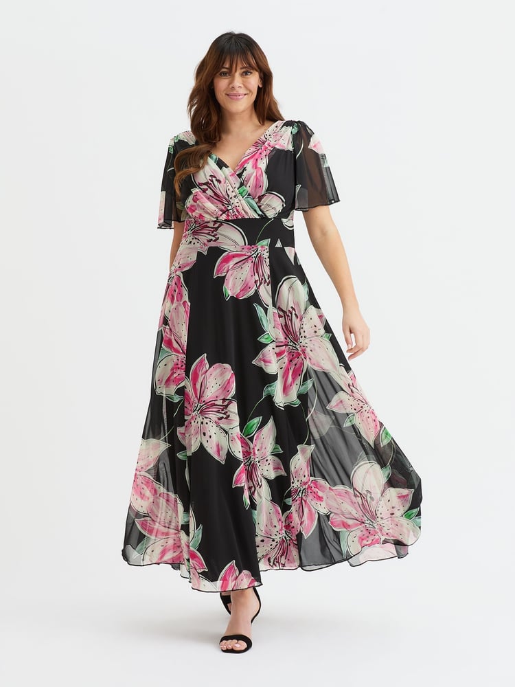Scarlett & Jo Black/Pink Flower Isabelle Float Sleeve Maxi Dress - Image 1 of 4