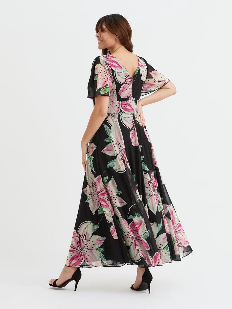 Scarlett & Jo Black/Pink Flower Isabelle Float Sleeve Maxi Dress - Image 4 of 4