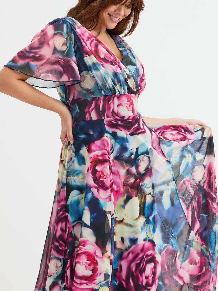 Scarlett & Jo Blue/Pink Rose Isabelle Float Sleeve Maxi Dress - Image 2 of 4