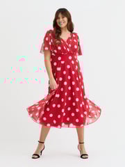 Scarlett & Jo Red White Polka Dot Victoria Angel Sleeve Mesh Midi long Dress - Image 1 of 4