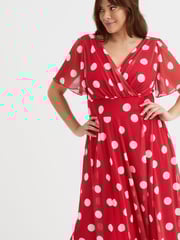 Scarlett & Jo Red White Polka Dot Victoria Angel Sleeve Mesh Midi long Dress - Image 2 of 4