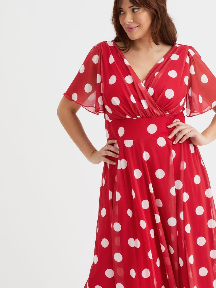 Scarlett & Jo Red White Polka Dot Victoria Angel Sleeve Mesh Midi long Dress - Image 2 of 4