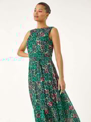 Roman Green Animal Print Pleated Midi Dress - Image 1 of 5