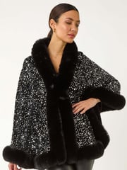 Roman Black Faux Fur Trim Sequin Cardigan Cape - Image 1 of 5