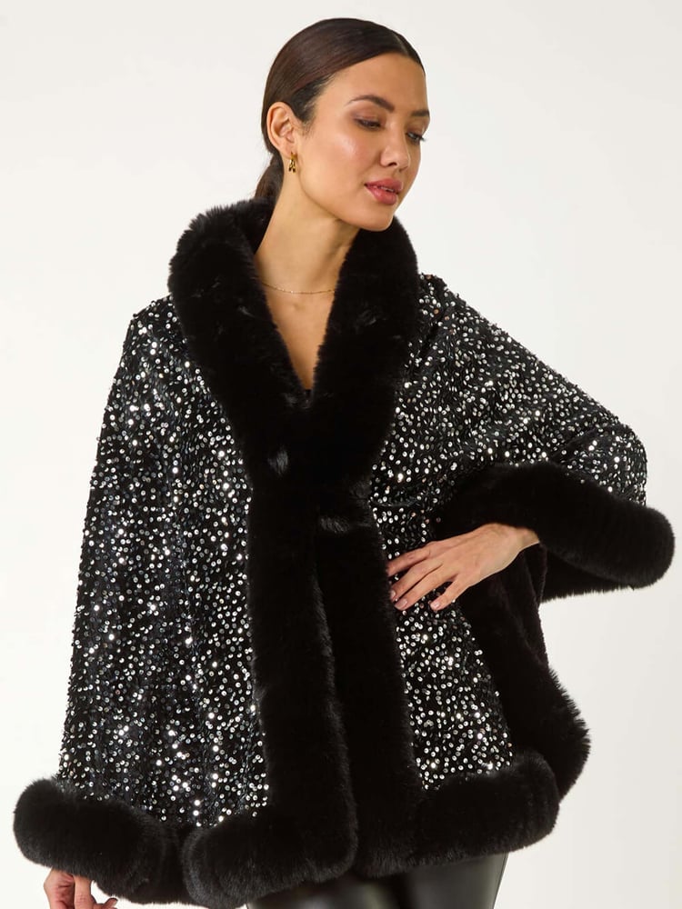 Roman Black Faux Fur Trim Sequin Cardigan Cape - Image 1 of 5