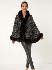 Roman Black Faux Fur Trim Sequin Cardigan Cape - Image 2 of 5