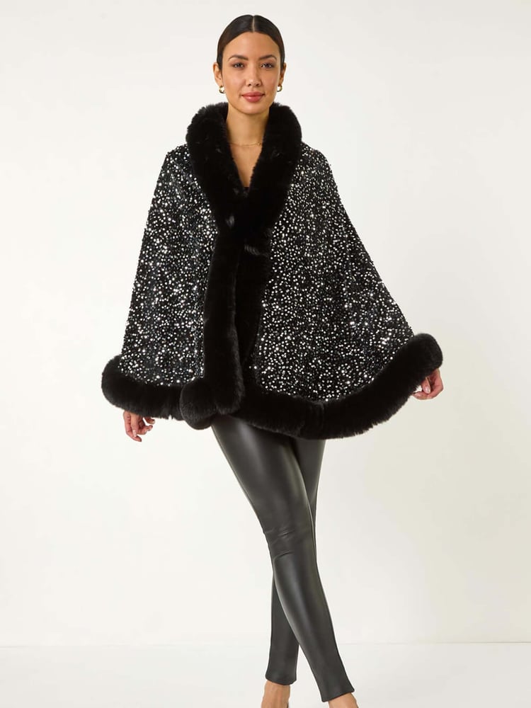 Roman Black Faux Fur Trim Sequin Cardigan Cape - Image 2 of 5