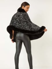 Roman Black Faux Fur Trim Sequin Cardigan Cape - Image 3 of 5