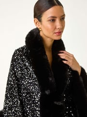 Roman Black Faux Fur Trim Sequin Cardigan Cape - Image 4 of 5