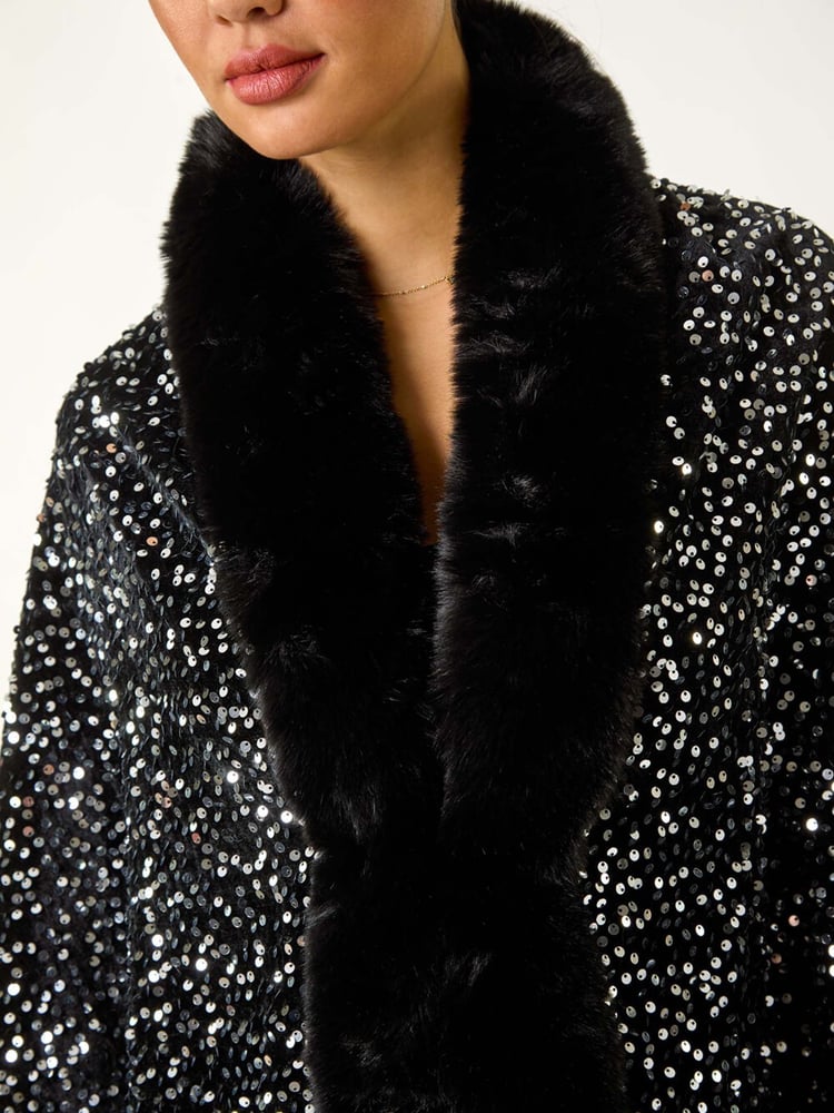 Roman Black Faux Fur Trim Sequin Cardigan Cape - Image 5 of 5