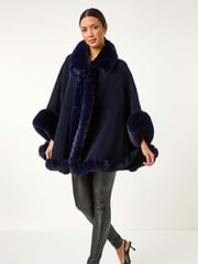 Roman Blue Classic Faux Fur Trim Cardigan Cape - Image 2 of 5