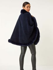 Roman Blue Classic Faux Fur Trim Cardigan Cape - Image 3 of 5