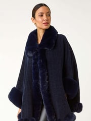Roman Blue Classic Faux Fur Trim Cardigan Cape - Image 4 of 5