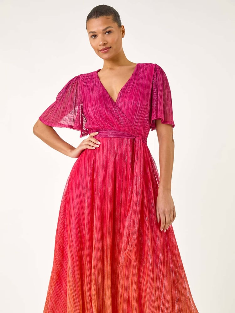 Roman Orange Ombre Plisse Midi Wrap Dress - Image 2 of 5