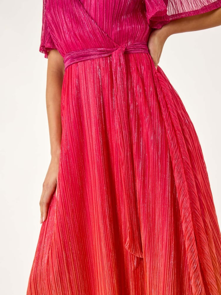 Roman Orange Ombre Plisse Midi Wrap Dress - Image 5 of 5