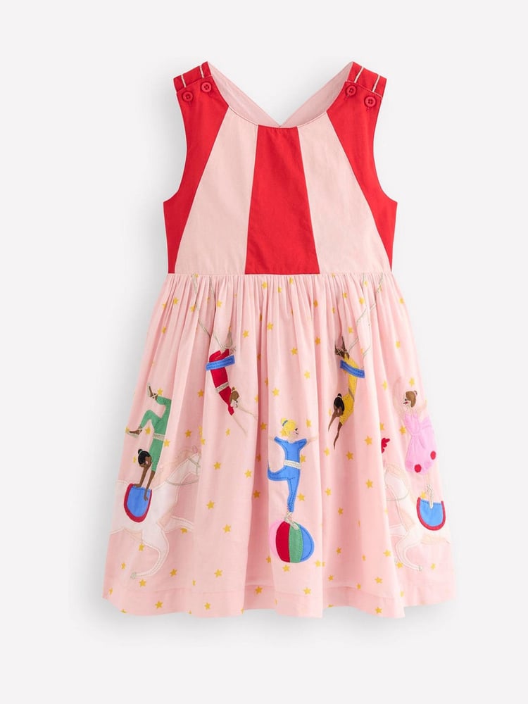 Boden Red Zadie Embroidered Acrobats Appliqué Back 100% Cotton Dress - Image 2 of 4