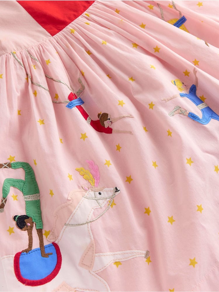 Boden Red Zadie Embroidered Acrobats Appliqué Back 100% Cotton Dress - Image 4 of 4