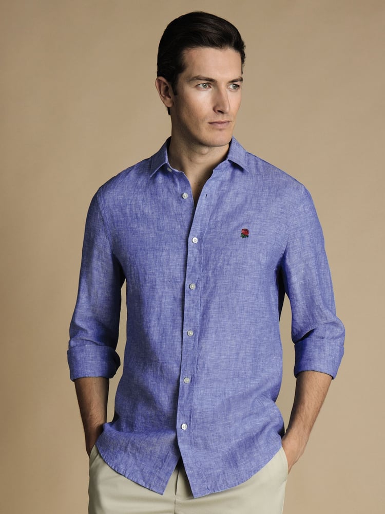 Charles Tyrwhitt Cobalt Blue Classic Fit Plain RFU Pure 100% Linen Shirt - Image 1 of 6