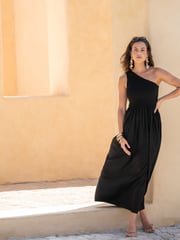Pour Moi Black One Shoulder Shirred Bodice Maxi Dress - Image 1 of 4