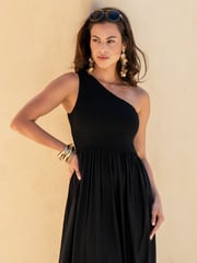 Pour Moi Black One Shoulder Shirred Bodice Maxi Dress - Image 2 of 4