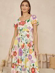 Yumi Cream Big Floral Midi Dress - Image 1 of 5