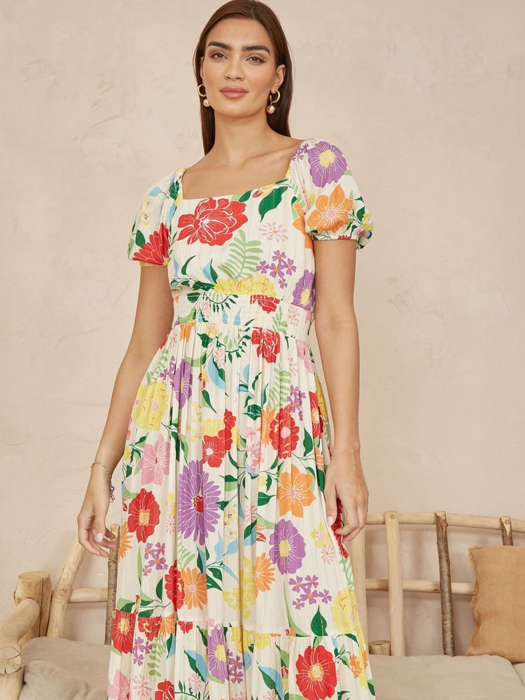Yumi Cream Big Floral Midi Dress - Image 1 of 5