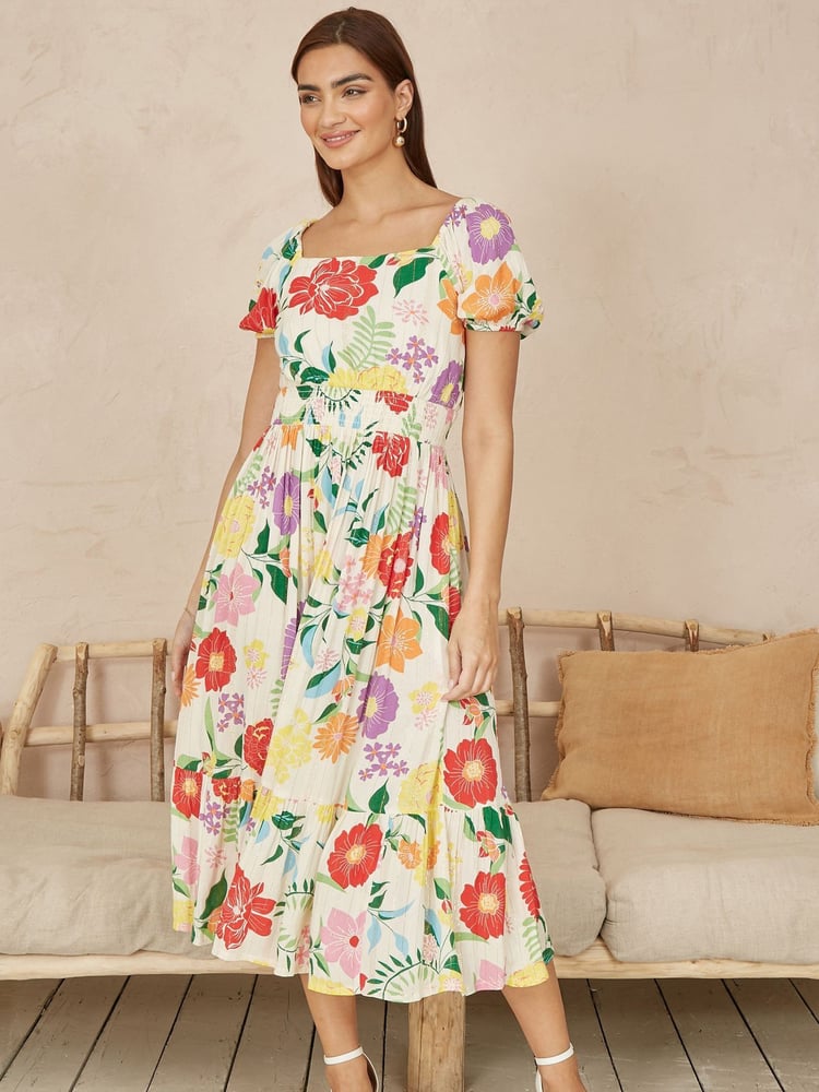 Yumi Cream Big Floral Midi Dress - Image 2 of 5