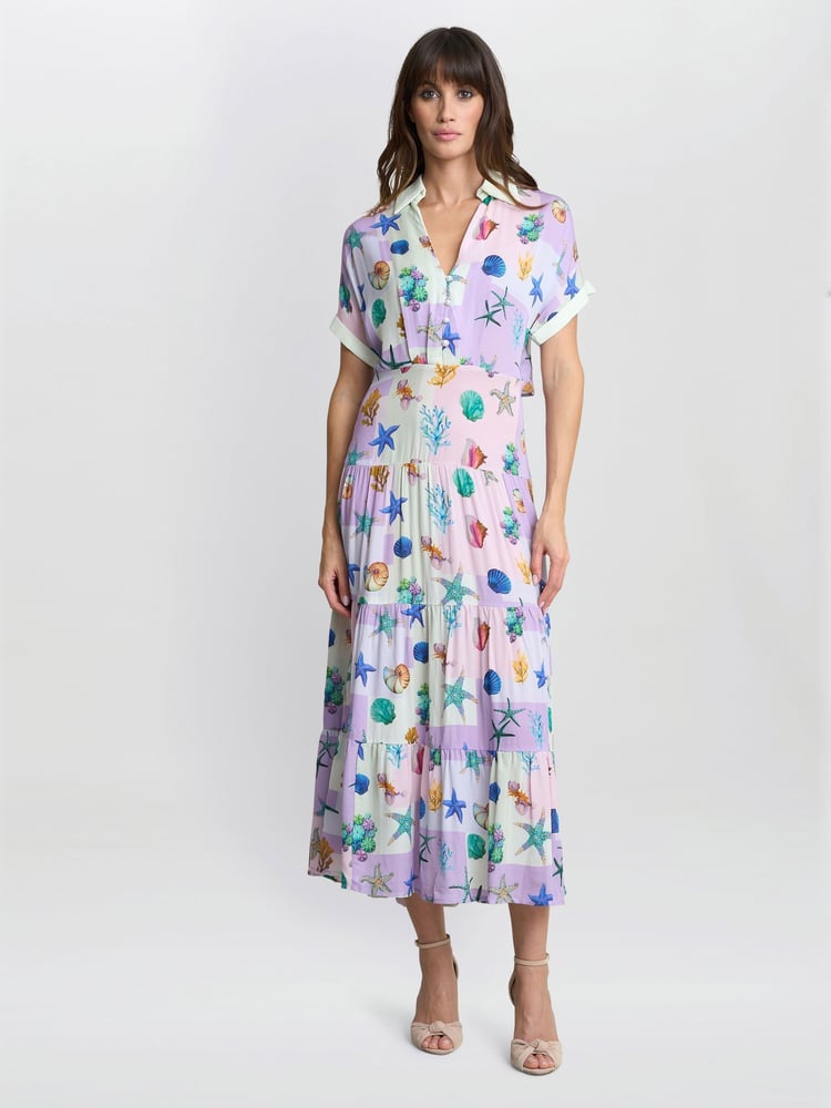 Gina Bacconi Purple Liv Seashell Print Shirt Dress - Image 1 of 5