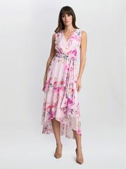 Gina Bacconi Pink Evelynn Floral Print Wrap Effect Hi-low Dress - Image 1 of 7