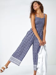 Roman Blue Border Print Culotte Jumpsuit - Image 1 of 5