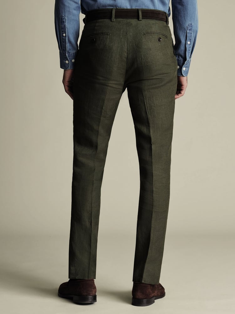 Charles Tyrwhitt Green Slim Fit Slim Fit 100% Linen Trousers - Image 2 of 5
