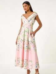 Roman Pink Floral Print Bardot Midi Stretch Dress - Image 1 of 5