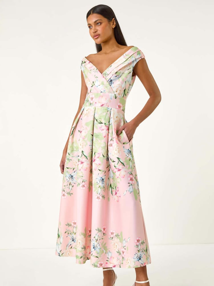 Roman Pink Floral Print Bardot Midi Stretch Dress - Image 1 of 5