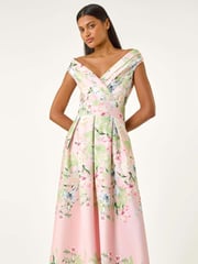 Roman Pink Floral Print Bardot Midi Stretch Dress - Image 2 of 5