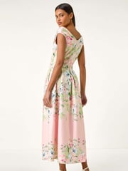 Roman Pink Floral Print Bardot Midi Stretch Dress - Image 3 of 5