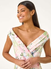 Roman Pink Floral Print Bardot Midi Stretch Dress - Image 4 of 5