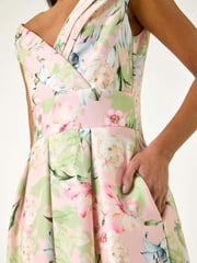 Roman Pink Floral Print Bardot Midi Stretch Dress - Image 5 of 5