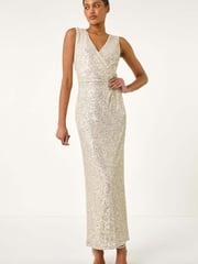 Roman Metallic Sequin Side Twist Wrap Maxi Dress - Image 1 of 5