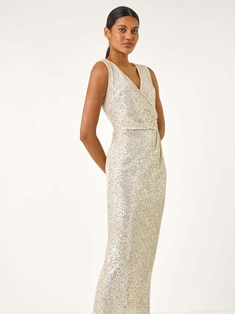 Roman Metallic Sequin Side Twist Wrap Maxi Dress - Image 5 of 5