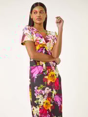 Roman White Floral Print Twist V-Neck Stretch Dress - Image 1 of 5
