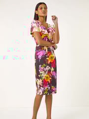 Roman White Floral Print Twist V-Neck Stretch Dress - Image 2 of 5
