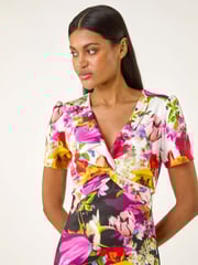 Roman White Floral Print Twist V-Neck Stretch Dress - Image 4 of 5