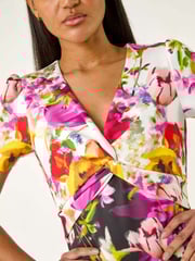 Roman White Floral Print Twist V-Neck Stretch Dress - Image 5 of 5