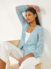 Roman Blue Sequin Tie Front Stretch Cardigans - Image 1 of 5