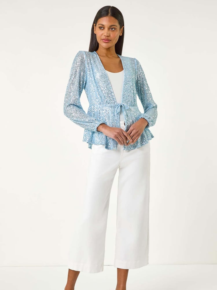 Roman Blue Sequin Tie Front Stretch Cardigans - Image 2 of 5