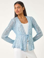 Roman Blue Sequin Tie Front Stretch Cardigans - Image 4 of 5